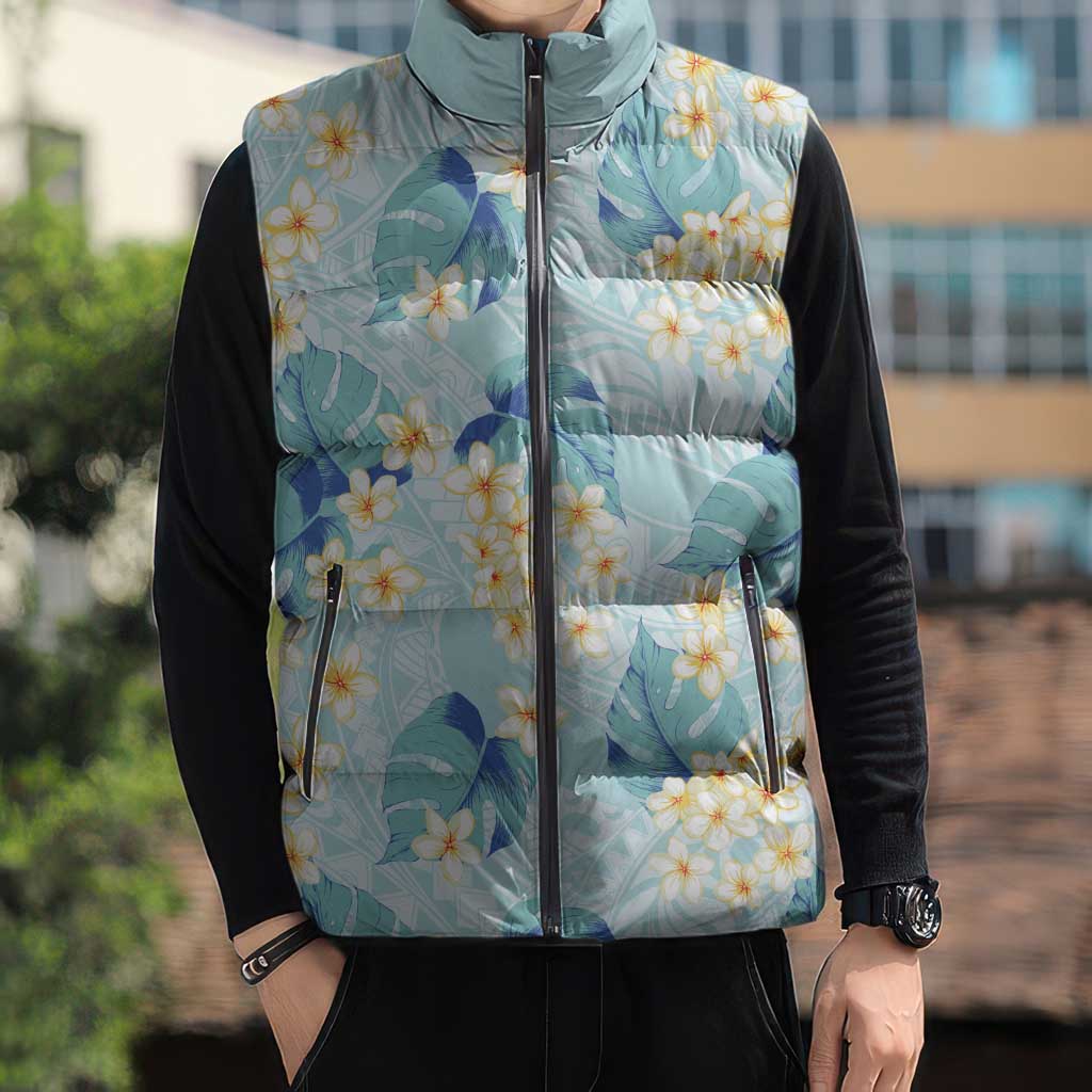 Pastel Cyan Tropical Hawaii Sleeveless Puffer Jacket Seamless Monstera Plumeria Hawaiian Pattern - Polynesian Pride