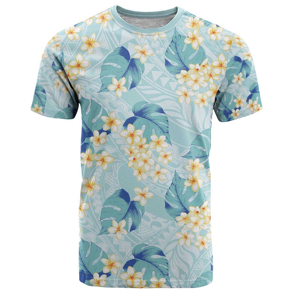 Pastel Cyan Tropical Hawaii T Shirt Seamless Monstera Plumeria Hawaiian Pattern - Polynesian Pride