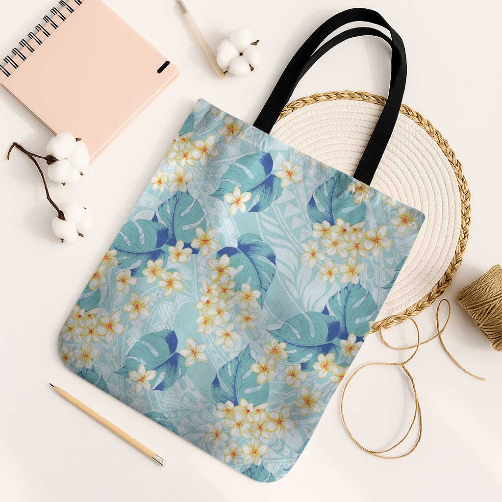 Pastel Cyan Tropical Hawaii Tote Bag Seamless Monstera Plumeria Hawaiian Pattern - Polynesian Pride