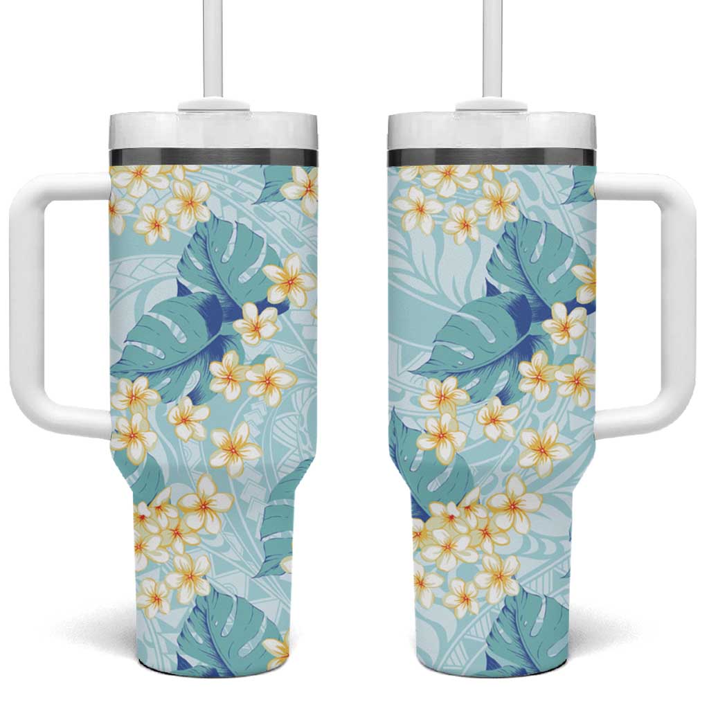 Pastel Cyan Tropical Hawaii Tumbler With Handle Seamless Monstera Plumeria Hawaiian Pattern LT14 One Size: 40 oz Pastel Cyan - Polynesian Pride