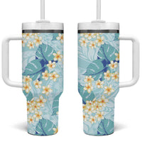 Pastel Cyan Tropical Hawaii Tumbler With Handle Seamless Monstera Plumeria Hawaiian Pattern LT14 One Size: 40 oz Pastel Cyan - Polynesian Pride