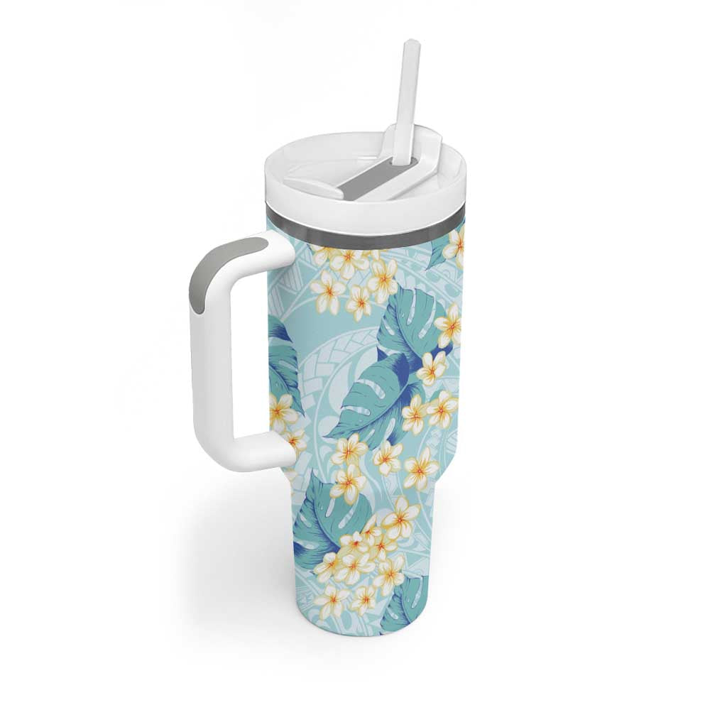 Pastel Cyan Tropical Hawaii Tumbler With Handle Seamless Monstera Plumeria Hawaiian Pattern LT14 - Polynesian Pride