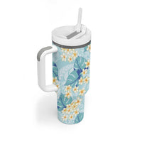 Pastel Cyan Tropical Hawaii Tumbler With Handle Seamless Monstera Plumeria Hawaiian Pattern LT14 - Polynesian Pride