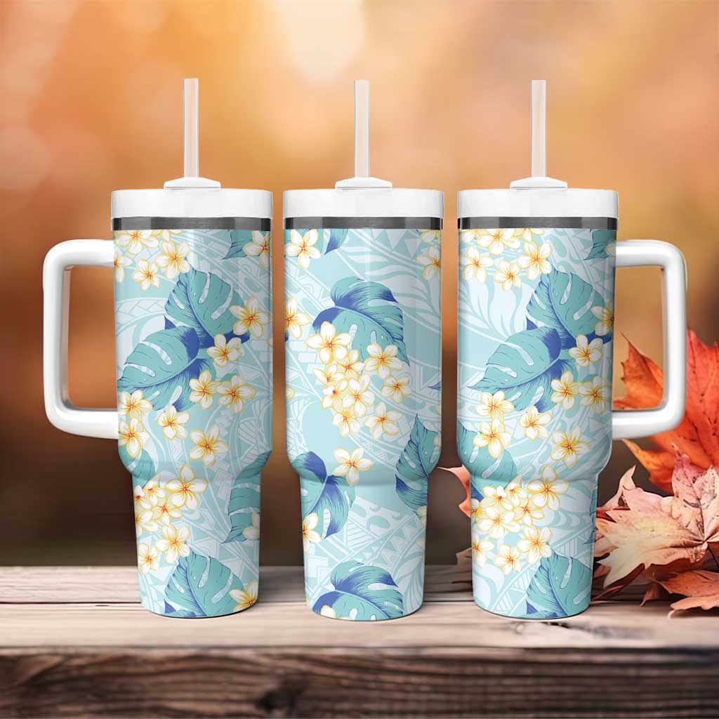 Pastel Cyan Tropical Hawaii Tumbler With Handle Seamless Monstera Plumeria Hawaiian Pattern LT14 - Polynesian Pride