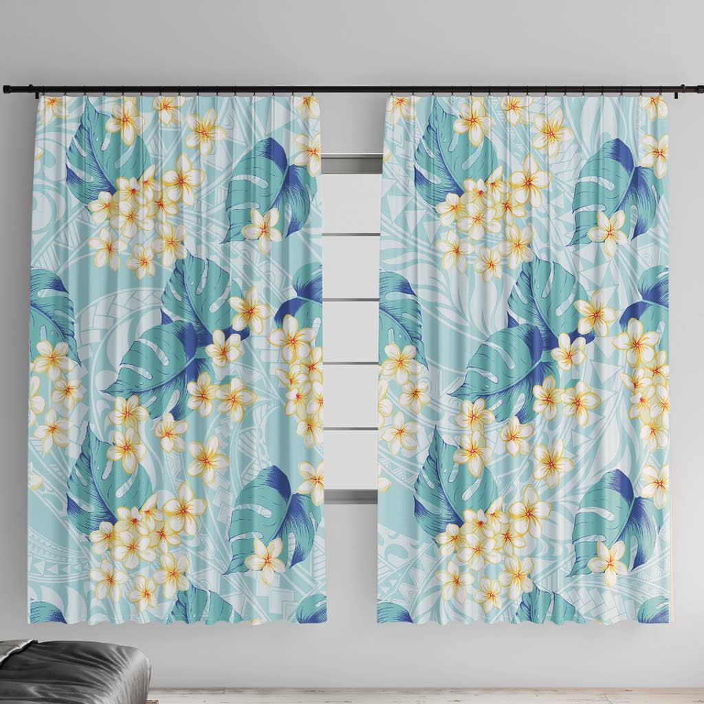 Pastel Cyan Tropical Hawaii Window Curtain Seamless Monstera Plumeria Hawaiian Pattern - Polynesian Pride