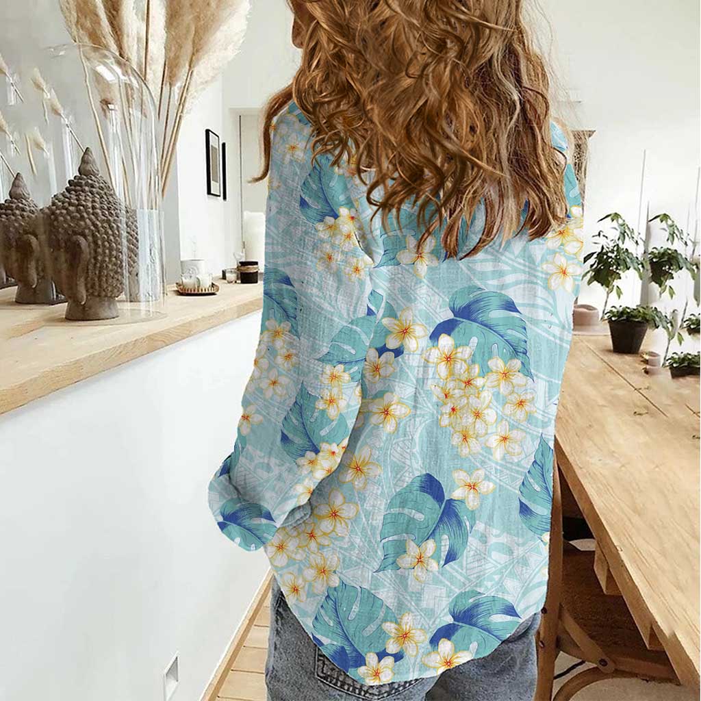 Pastel Cyan Tropical Hawaii Women Casual Shirt Seamless Monstera Plumeria Hawaiian Pattern - Polynesian Pride