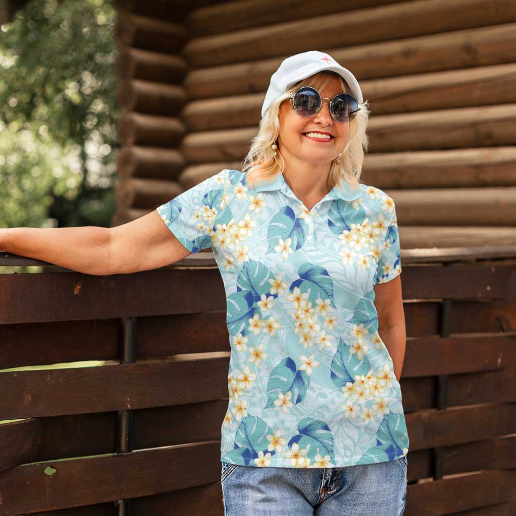 Pastel Cyan Tropical Hawaii Women Polo Shirt Seamless Monstera Plumeria Hawaiian Pattern - Polynesian Pride