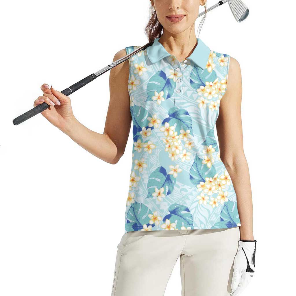 Pastel Cyan Tropical Hawaii Women Sleeveless Polo Shirt Seamless Monstera Plumeria Hawaiian Pattern - Polynesian Pride