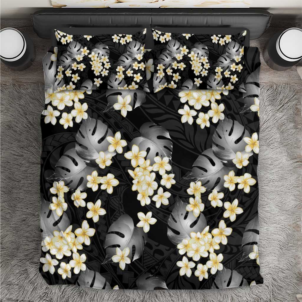 Black Tropical Hawaii Bedding Set Seamless Monstera Plumeria Hawaiian Pattern - Polynesian Pride