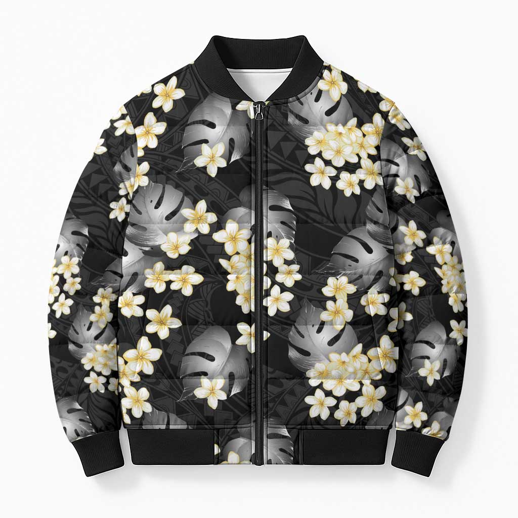 Black Tropical Hawaii Bomber Puffer Jacket Seamless Monstera Plumeria Hawaiian Pattern - Polynesian Pride