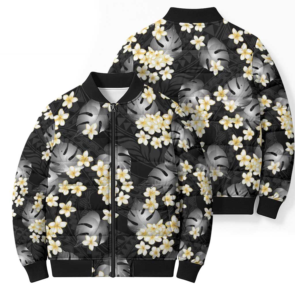 Black Tropical Hawaii Bomber Puffer Jacket Seamless Monstera Plumeria Hawaiian Pattern - Polynesian Pride