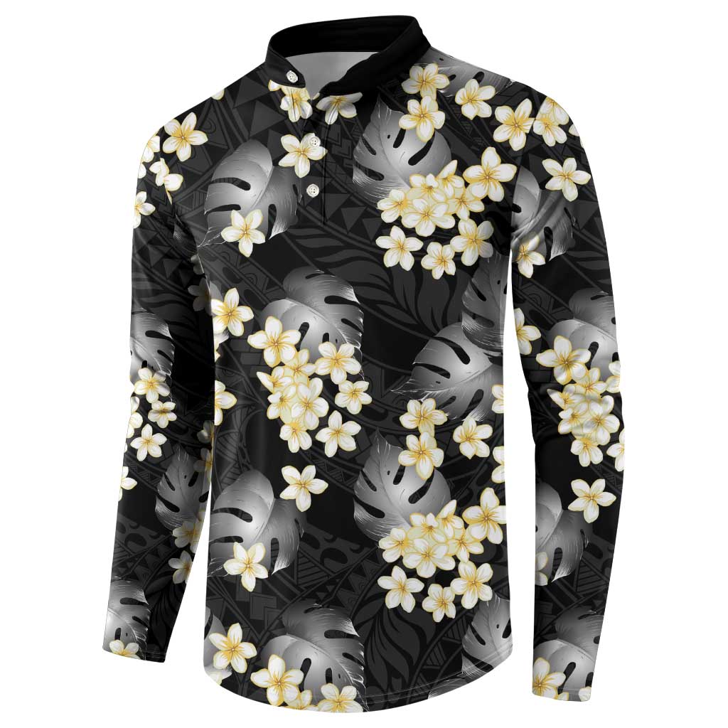 Black Tropical Hawaii Button Sweatshirt Seamless Monstera Plumeria Hawaiian Pattern - Polynesian Pride