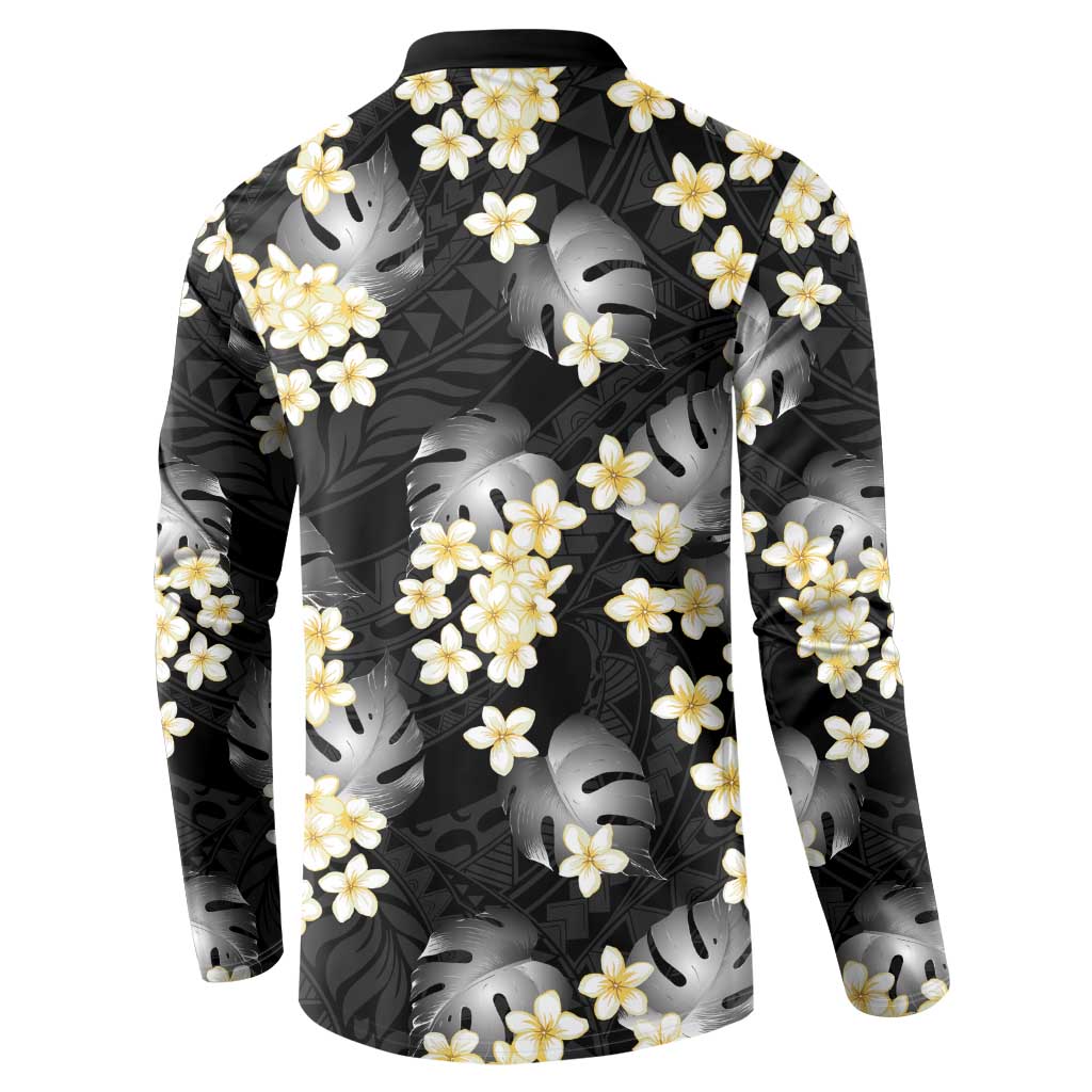 Black Tropical Hawaii Button Sweatshirt Seamless Monstera Plumeria Hawaiian Pattern - Polynesian Pride