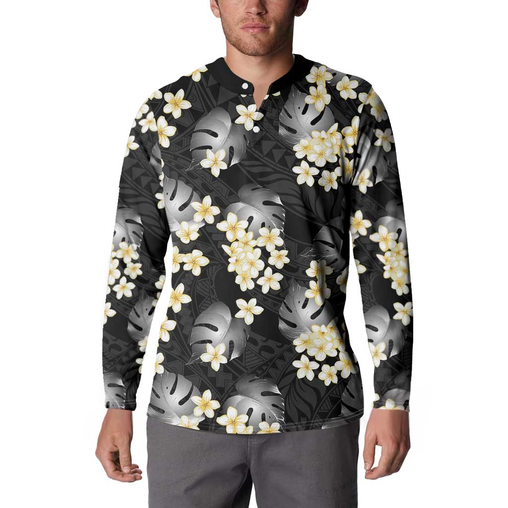Black Tropical Hawaii Button Sweatshirt Seamless Monstera Plumeria Hawaiian Pattern - Polynesian Pride