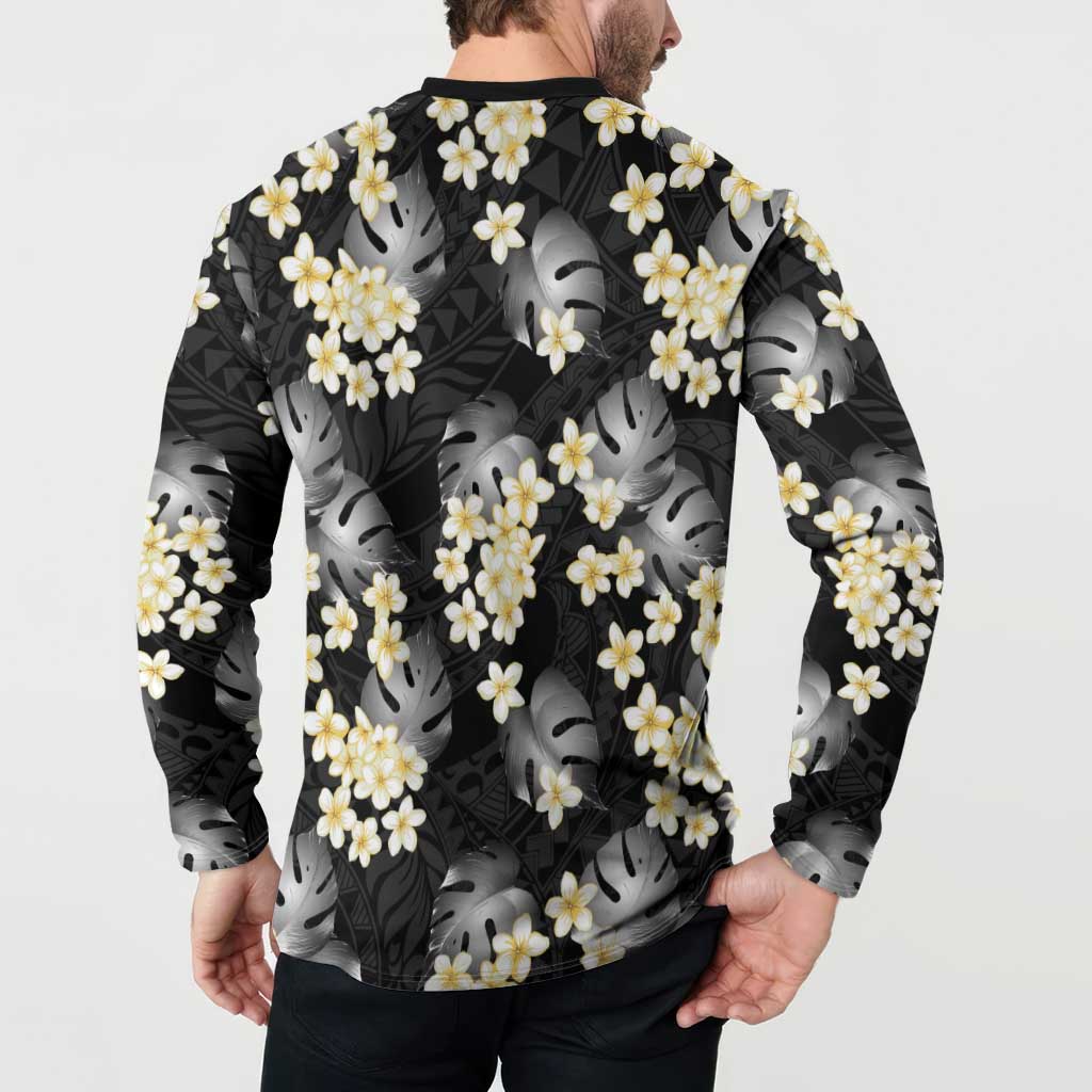 Black Tropical Hawaii Button Sweatshirt Seamless Monstera Plumeria Hawaiian Pattern - Polynesian Pride