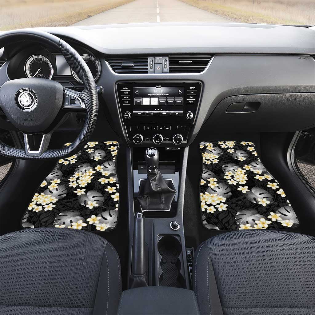 Black Tropical Hawaii Car Mats Seamless Monstera Plumeria Hawaiian Pattern - Polynesian Pride