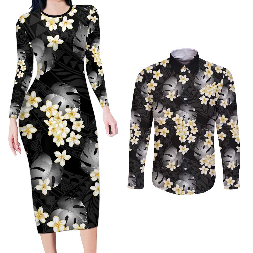 Black Tropical Hawaii Couples Matching Long Sleeve Bodycon Dress and Long Sleeve Button Shirt Seamless Monstera Plumeria Hawaiian Pattern - Polynesian Pride