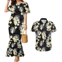 Black Tropical Hawaii Couples Matching Mermaid Dress and Hawaiian Shirt Seamless Monstera Plumeria Hawaiian Pattern - Polynesian Pride