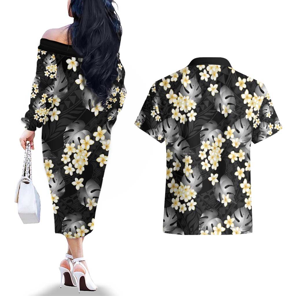 Black Tropical Hawaii Couples Matching Off The Shoulder Long Sleeve Dress and Hawaiian Shirt Seamless Monstera Plumeria Hawaiian Pattern - Polynesian Pride