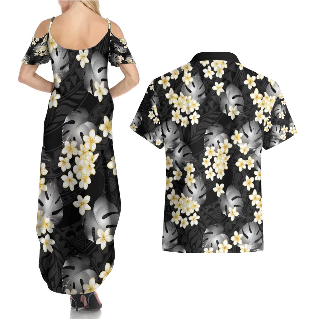 Black Tropical Hawaii Couples Matching Summer Maxi Dress and Hawaiian Shirt Seamless Monstera Plumeria Hawaiian Pattern - Polynesian Pride