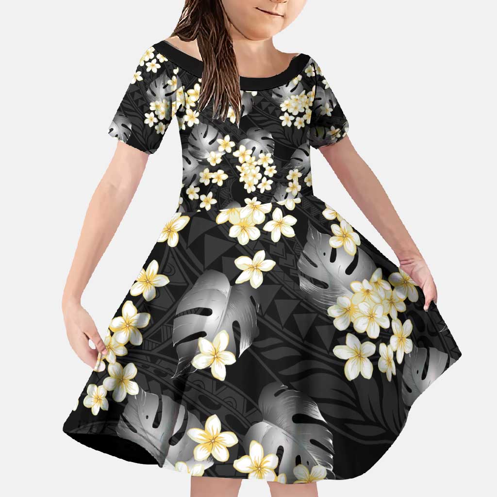 Black Tropical Hawaii Family Matching Long Sleeve Bodycon Dress and Hawaiian Shirt Seamless Monstera Plumeria Hawaiian Pattern LT14 Daughter's Dress Black - Polynesian Pride
