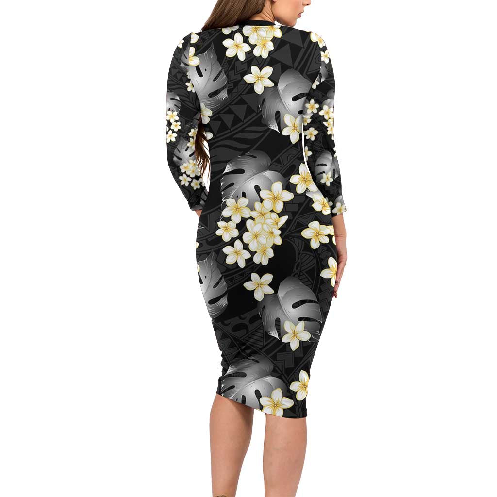 Black Tropical Hawaii Family Matching Long Sleeve Bodycon Dress and Hawaiian Shirt Seamless Monstera Plumeria Hawaiian Pattern LT14 - Polynesian Pride