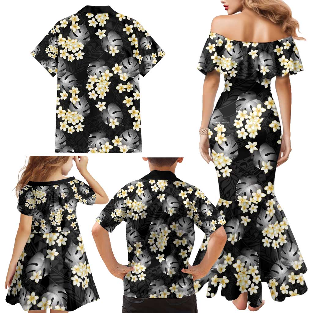 Black Tropical Hawaii Family Matching Mermaid Dress and Hawaiian Shirt Seamless Monstera Plumeria Hawaiian Pattern LT14 - Polynesian Pride