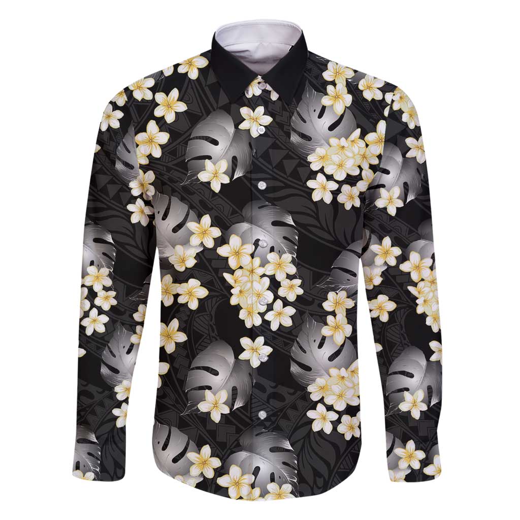 Black Tropical Hawaii Family Matching Mermaid Dress and Hawaiian Shirt Seamless Monstera Plumeria Hawaiian Pattern LT14 Dad's Shirt - Long Sleeve Black - Polynesian Pride