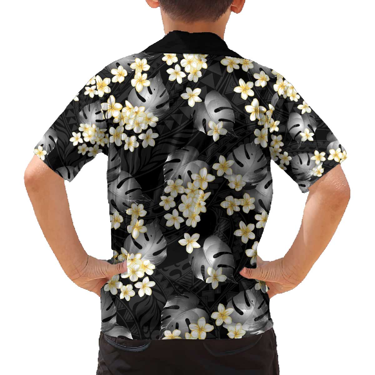 Black Tropical Hawaii Family Matching Off The Shoulder Long Sleeve Dress and Hawaiian Shirt Seamless Monstera Plumeria Hawaiian Pattern LT14 - Polynesian Pride