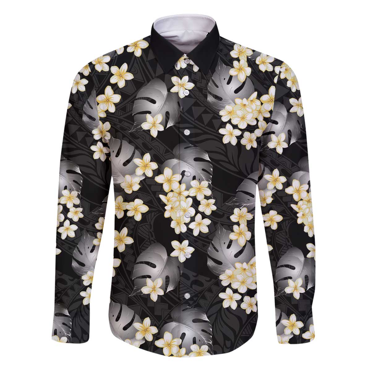 Black Tropical Hawaii Family Matching Off The Shoulder Long Sleeve Dress and Hawaiian Shirt Seamless Monstera Plumeria Hawaiian Pattern LT14 Dad's Shirt - Long Sleeve Black - Polynesian Pride