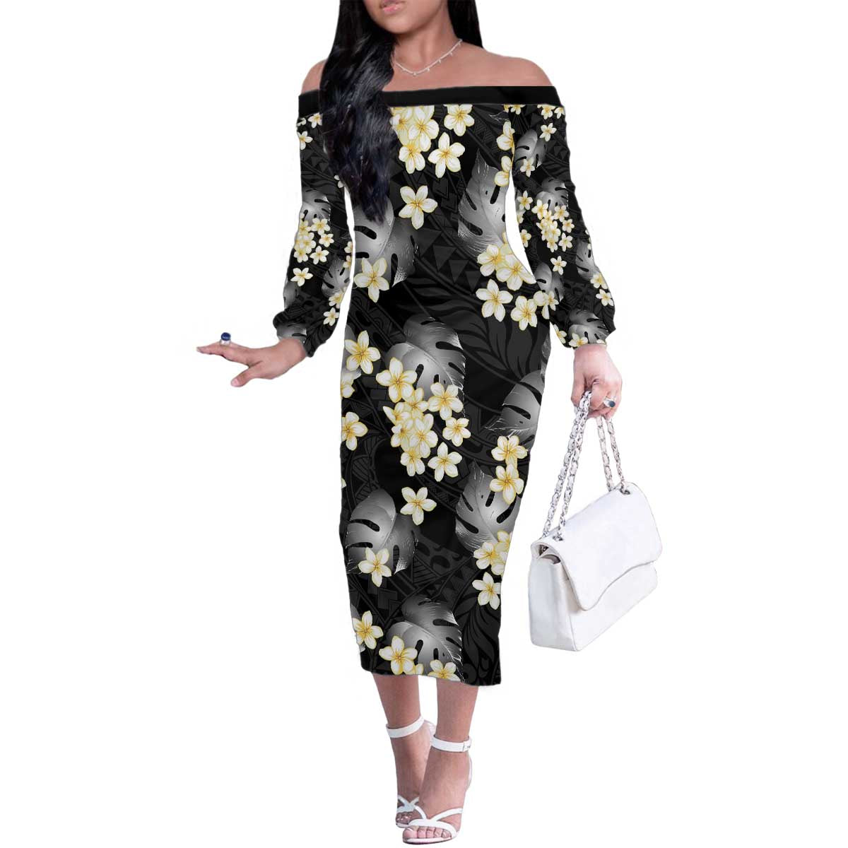 Black Tropical Hawaii Family Matching Off The Shoulder Long Sleeve Dress and Hawaiian Shirt Seamless Monstera Plumeria Hawaiian Pattern LT14 Mom's Dress Black - Polynesian Pride