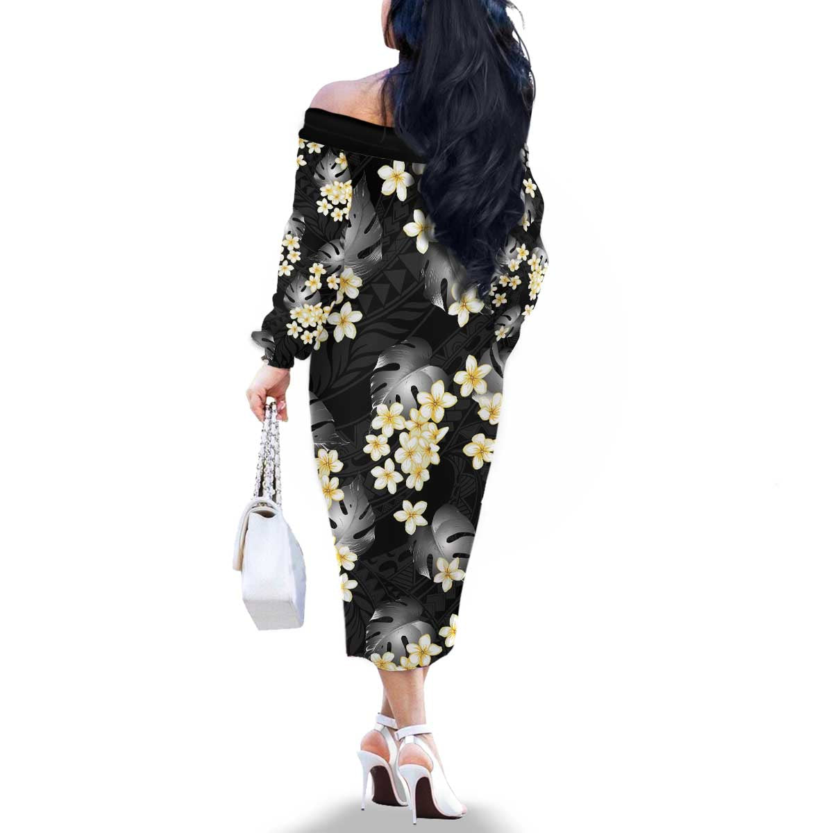 Black Tropical Hawaii Family Matching Off The Shoulder Long Sleeve Dress and Hawaiian Shirt Seamless Monstera Plumeria Hawaiian Pattern LT14 - Polynesian Pride