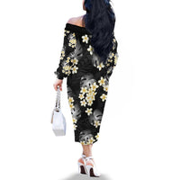 Black Tropical Hawaii Family Matching Off The Shoulder Long Sleeve Dress and Hawaiian Shirt Seamless Monstera Plumeria Hawaiian Pattern LT14 - Polynesian Pride
