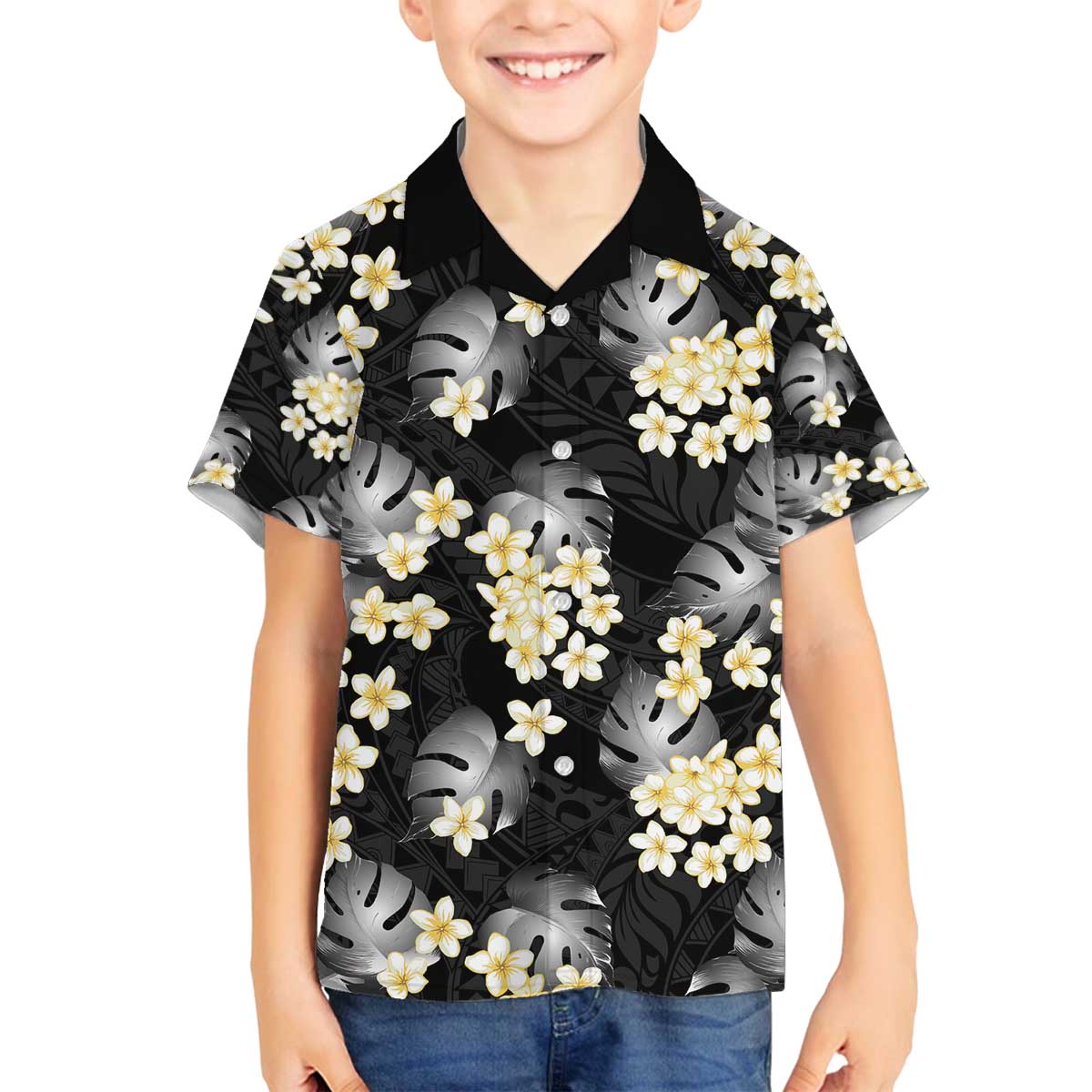 Black Tropical Hawaii Family Matching Off The Shoulder Long Sleeve Dress and Hawaiian Shirt Seamless Monstera Plumeria Hawaiian Pattern LT14 Son's Shirt Black - Polynesian Pride
