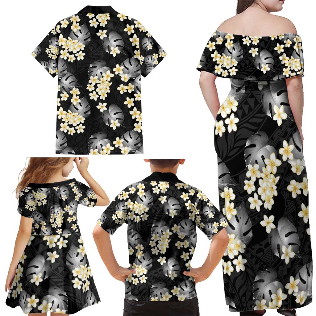 Black Tropical Hawaii Family Matching Off Shoulder Maxi Dress and Hawaiian Shirt Seamless Monstera Plumeria Hawaiian Pattern LT14 - Polynesian Pride