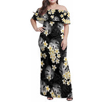 Black Tropical Hawaii Family Matching Off Shoulder Maxi Dress and Hawaiian Shirt Seamless Monstera Plumeria Hawaiian Pattern LT14 Mom's Dress Black - Polynesian Pride