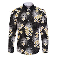 Black Tropical Hawaii Family Matching Off Shoulder Short Dress and Hawaiian Shirt Seamless Monstera Plumeria Hawaiian Pattern LT14 Dad's Shirt - Long Sleeve Black - Polynesian Pride