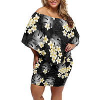 Black Tropical Hawaii Family Matching Off Shoulder Short Dress and Hawaiian Shirt Seamless Monstera Plumeria Hawaiian Pattern LT14 Mom's Dress Black - Polynesian Pride