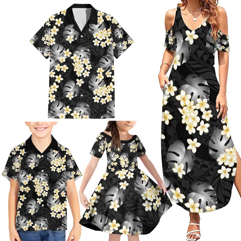Black Tropical Hawaii Family Matching Summer Maxi Dress and Hawaiian Shirt Seamless Monstera Plumeria Hawaiian Pattern LT14 - Polynesian Pride
