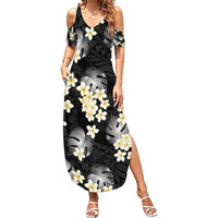 Black Tropical Hawaii Family Matching Summer Maxi Dress and Hawaiian Shirt Seamless Monstera Plumeria Hawaiian Pattern LT14 Mom's Dress Black - Polynesian Pride