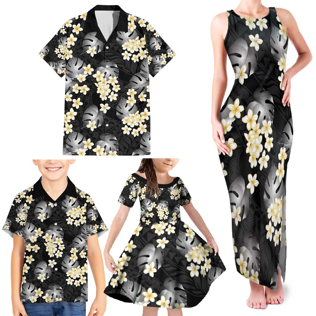 Black Tropical Hawaii Family Matching Tank Maxi Dress and Hawaiian Shirt Seamless Monstera Plumeria Hawaiian Pattern LT14 - Polynesian Pride