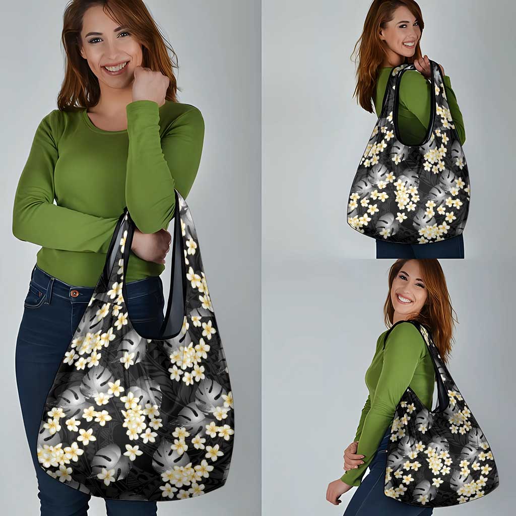 Black Tropical Hawaii Grocery Bag Seamless Monstera Plumeria Hawaiian Pattern - Polynesian Pride