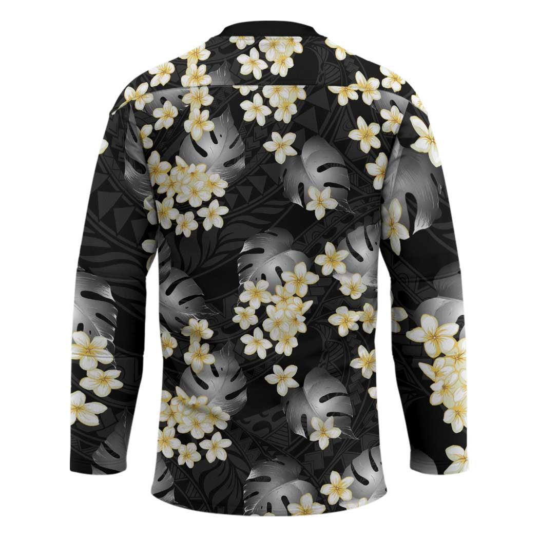 Black Tropical Hawaii Hockey Jersey Seamless Monstera Plumeria Hawaiian Pattern - Polynesian Pride