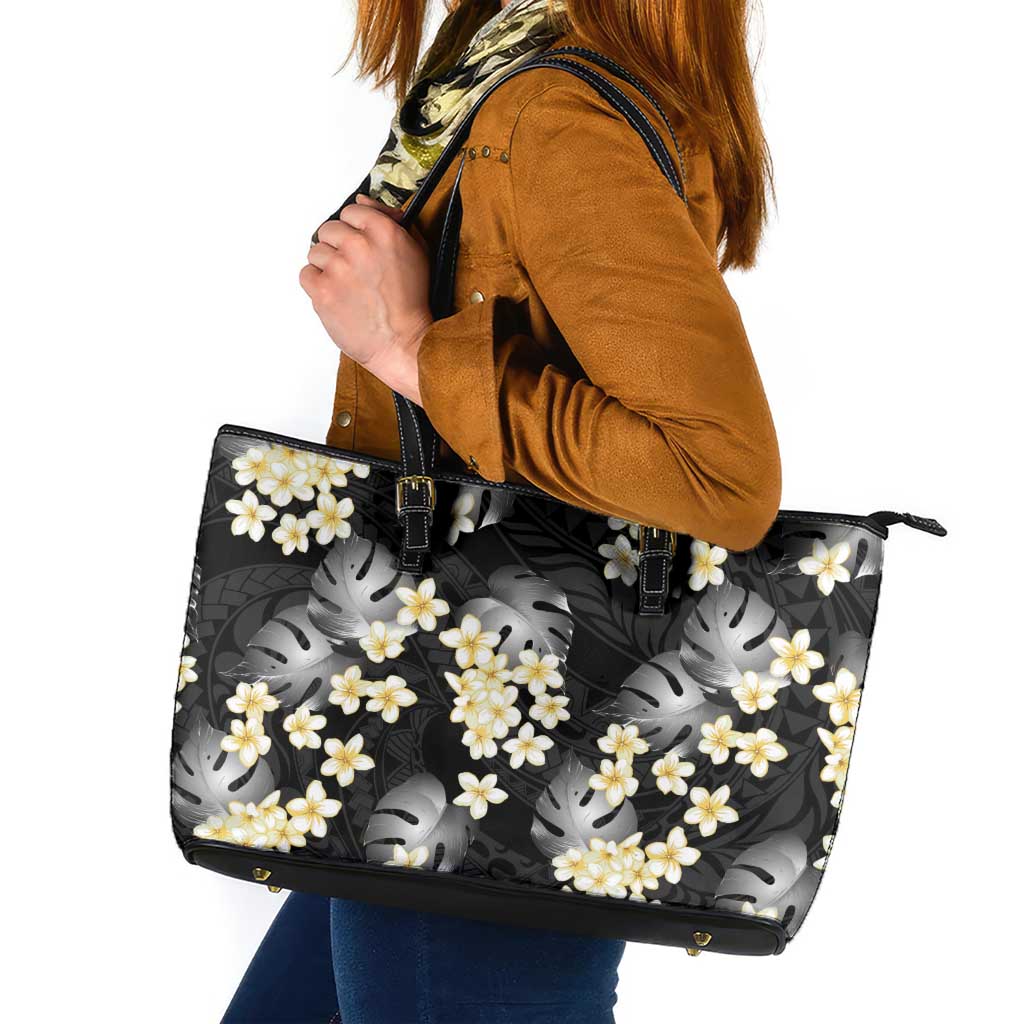 Black Tropical Hawaii Leather Tote Bag Seamless Monstera Plumeria Hawaiian Pattern - Polynesian Pride