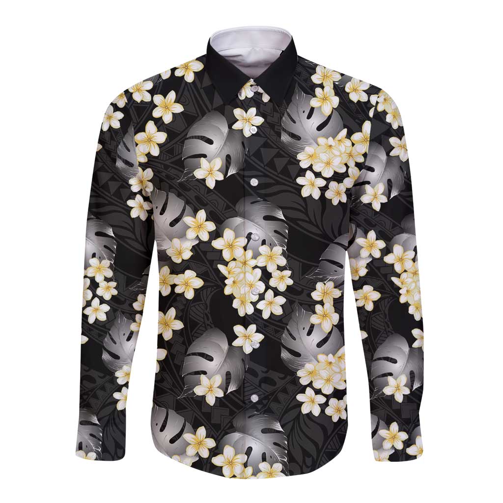 Black Tropical Hawaii Long Sleeve Button Shirt Seamless Monstera Plumeria Hawaiian Pattern - Polynesian Pride