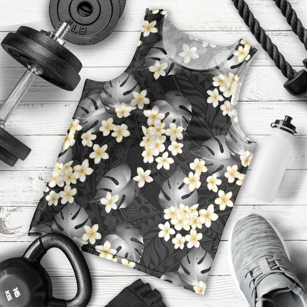 Black Tropical Hawaii Men Tank Top Seamless Monstera Plumeria Hawaiian Pattern - Polynesian Pride