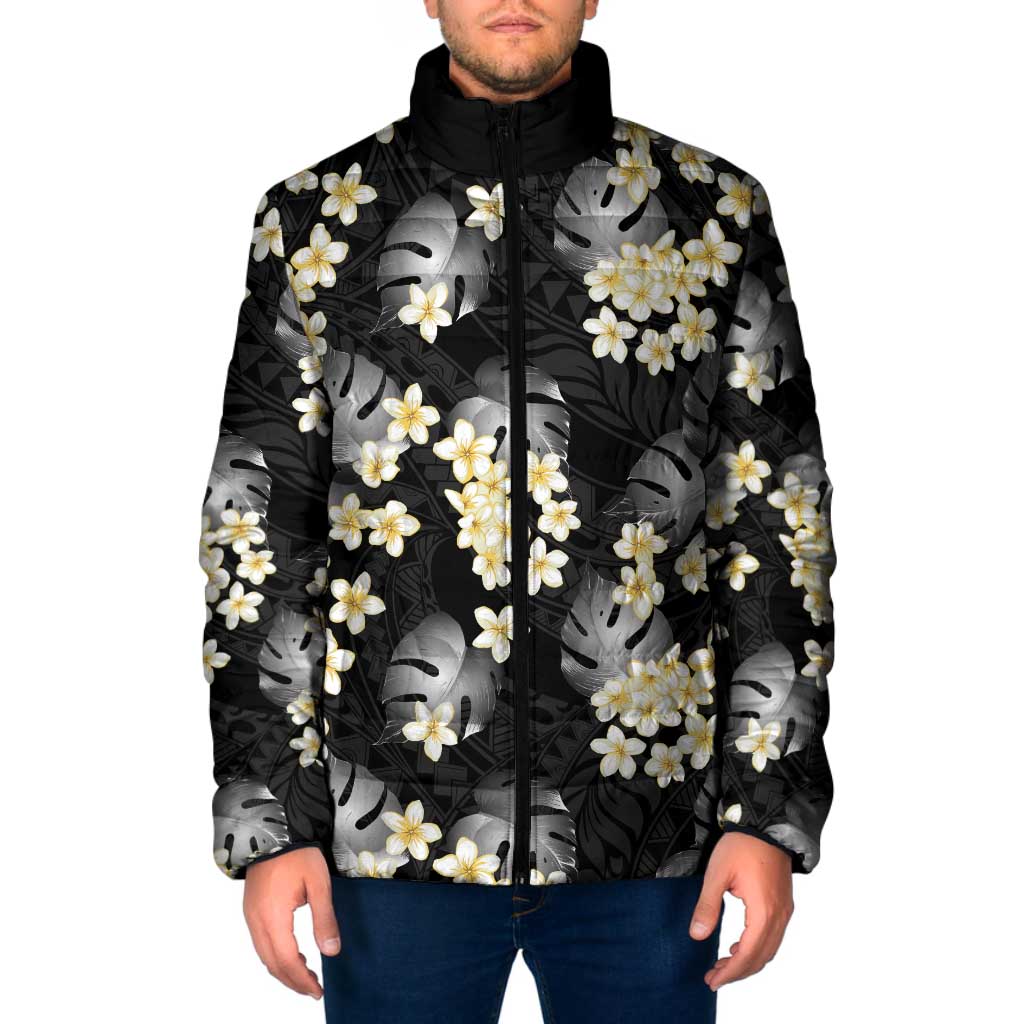 Black Tropical Hawaii Padded Jacket Seamless Monstera Plumeria Hawaiian Pattern - Polynesian Pride