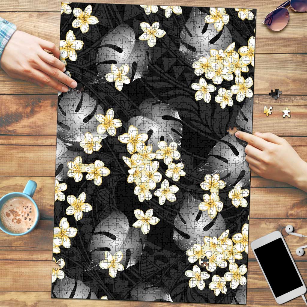 Black Tropical Hawaii Puzzle Seamless Monstera Plumeria Hawaiian Pattern - Polynesian Pride