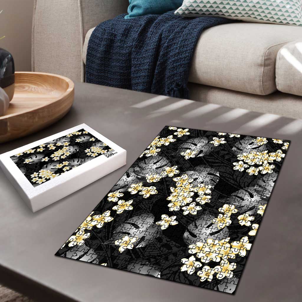 Black Tropical Hawaii Puzzle Seamless Monstera Plumeria Hawaiian Pattern - Polynesian Pride