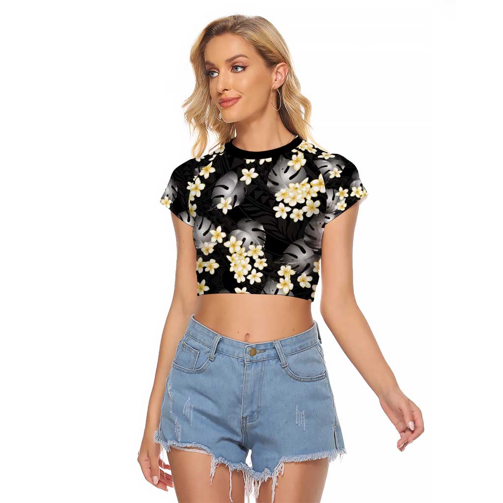 Black Tropical Hawaii Raglan Cropped T Shirt Seamless Monstera Plumeria Hawaiian Pattern - Polynesian Pride